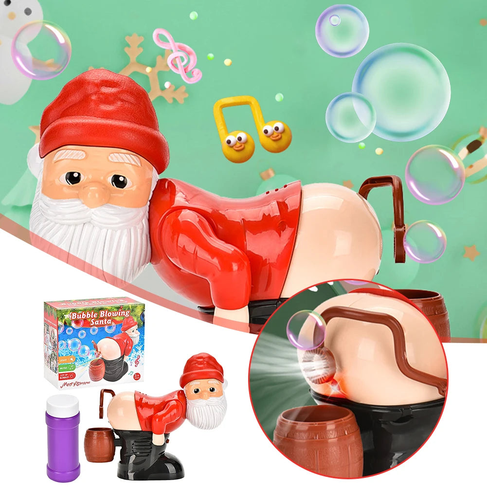 Farting Santa bubble machine: close-up of the glowing ring, the gift box and the bubble bottle.