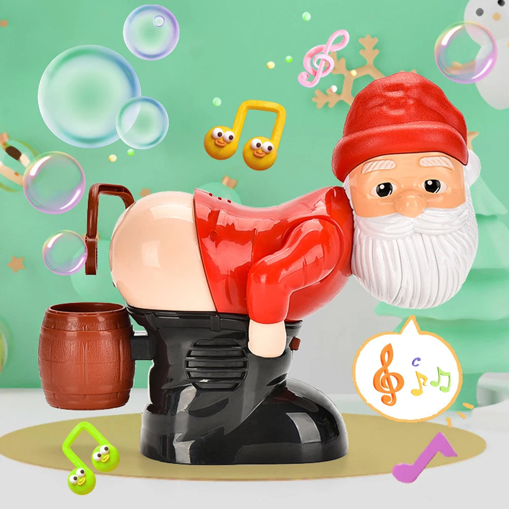 The bubble-blowing Santa toy from the side, with the little barrel on his back.