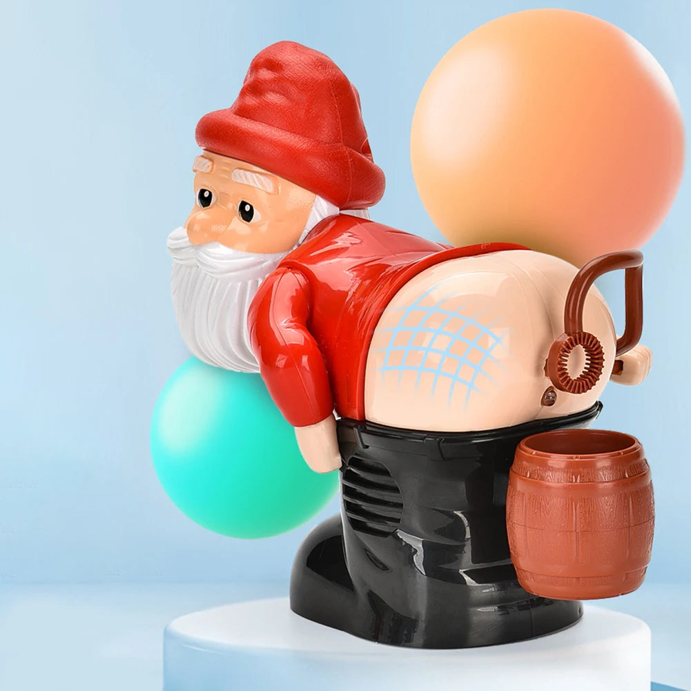 The Santa bubble toy from behind, with the bubble ring on his bum.