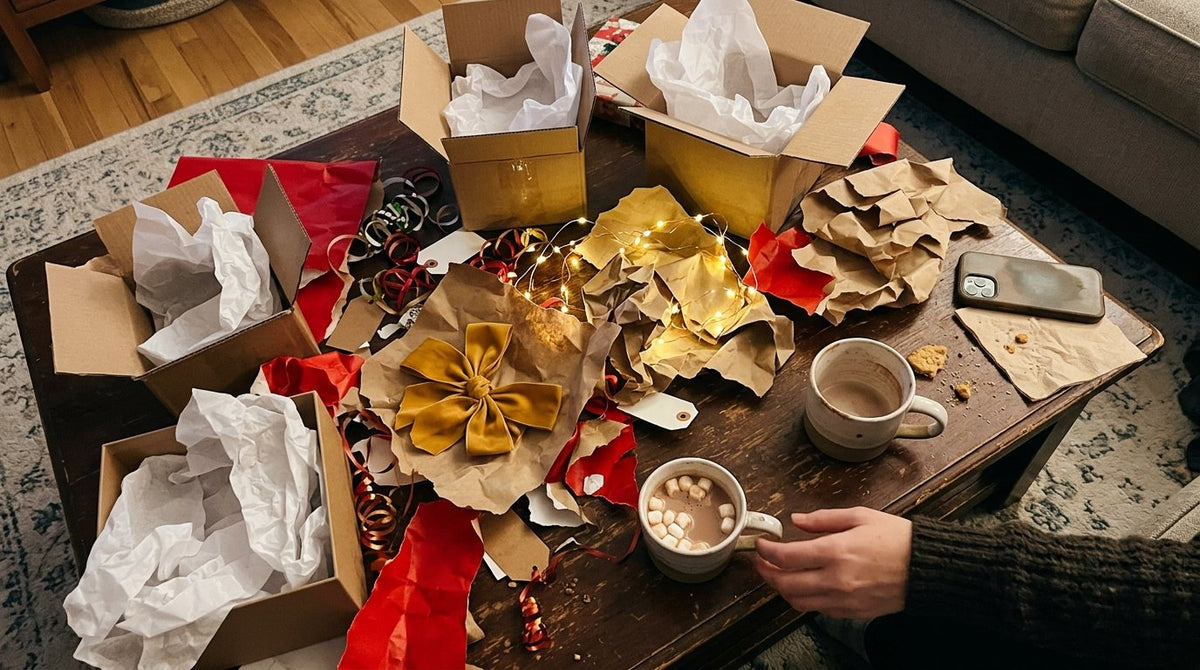 A coffee table covered in torn wrapping paper, ribbons and opened gift boxes after a white elephant gift swap.