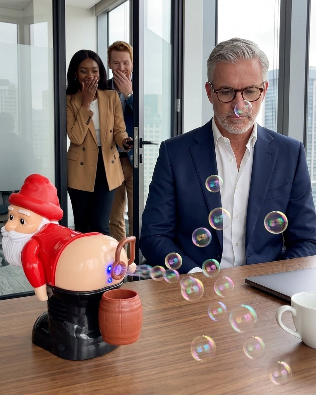Office Secret Santa: an executive tries to keep a straight face as the Santa toy blows bubbles at him while coworkers giggle.
