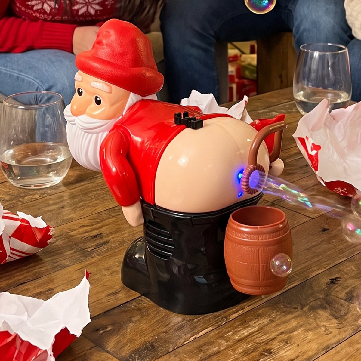 Close-up of the Santa toy's glowing bum and bubble ring with bubbles streaming out.