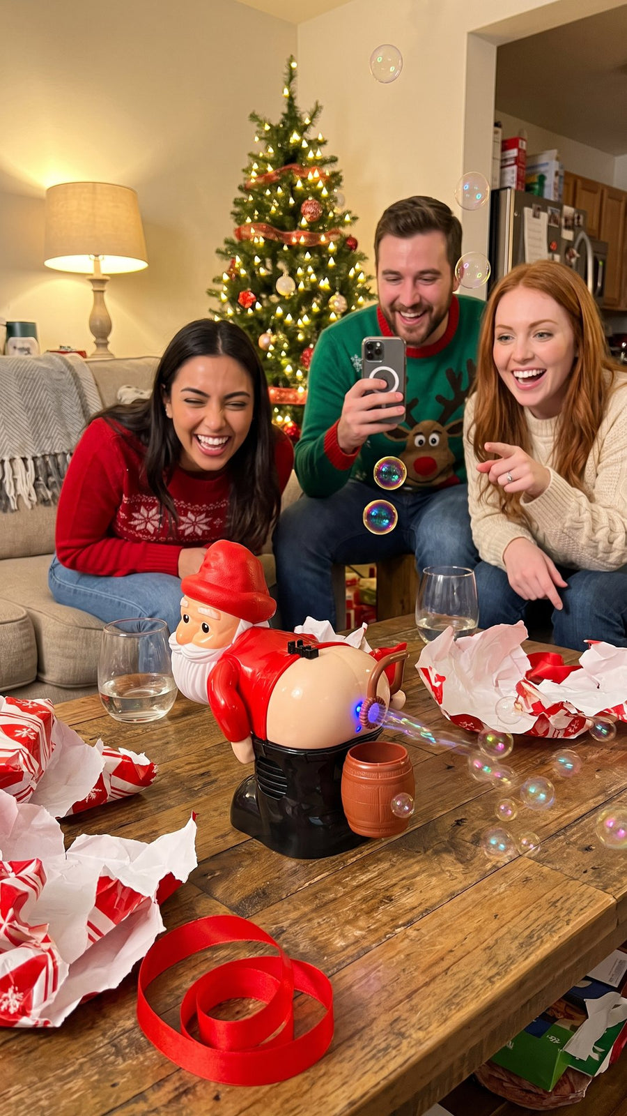 Friends laughing at a Christmas party as a small Santa toy on the coffee table blows bubbles.