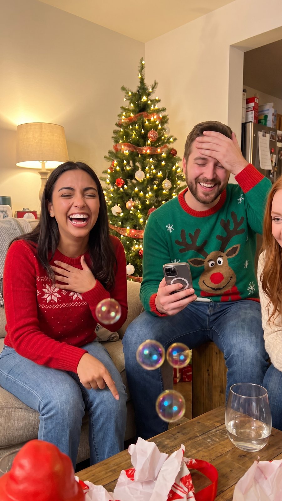 Friends crying with laughter on a sofa at a Christmas party.